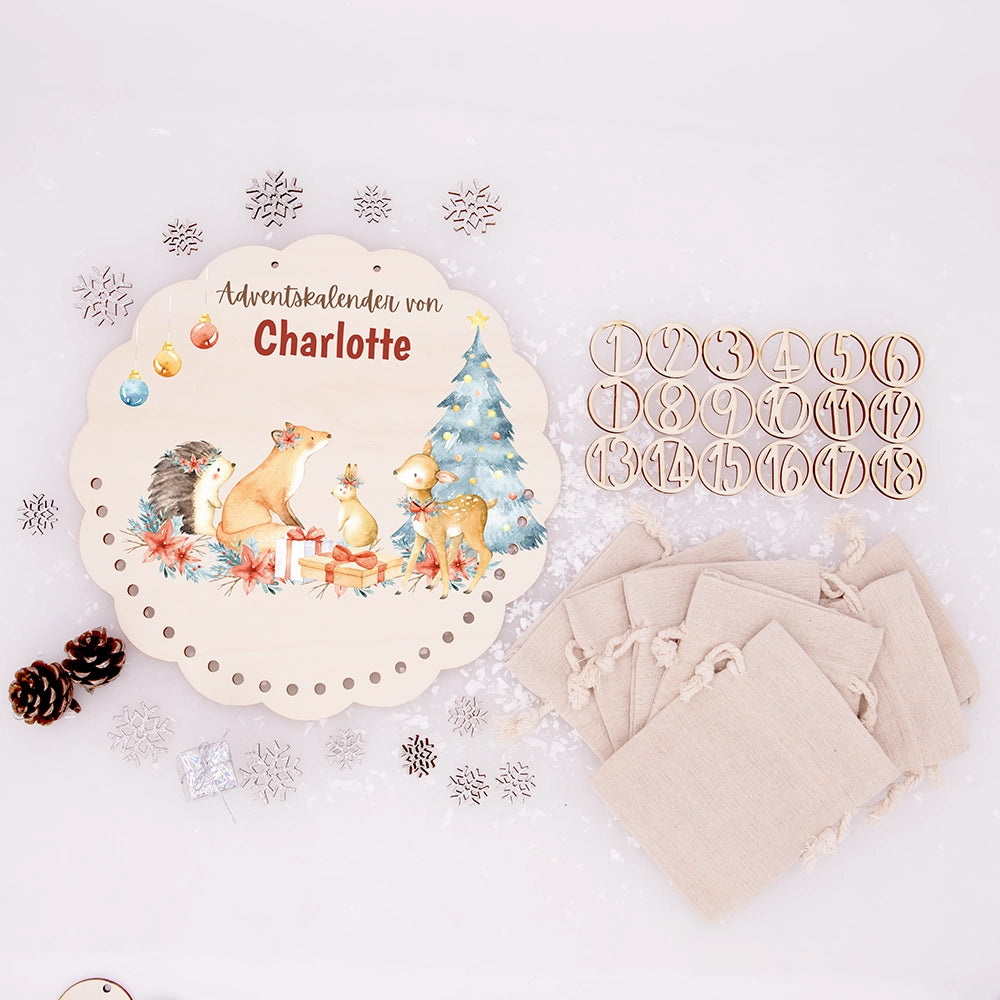 Personalisierter runder Adventskalender Kinder aus Holz  - Winterwaldtiere