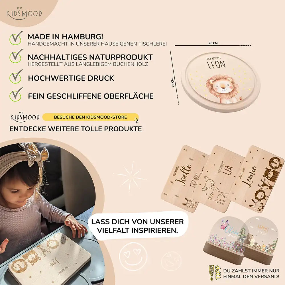 Rundes personalisiertes Frühstücksbrettchen Löwe mit Namen für Kinder