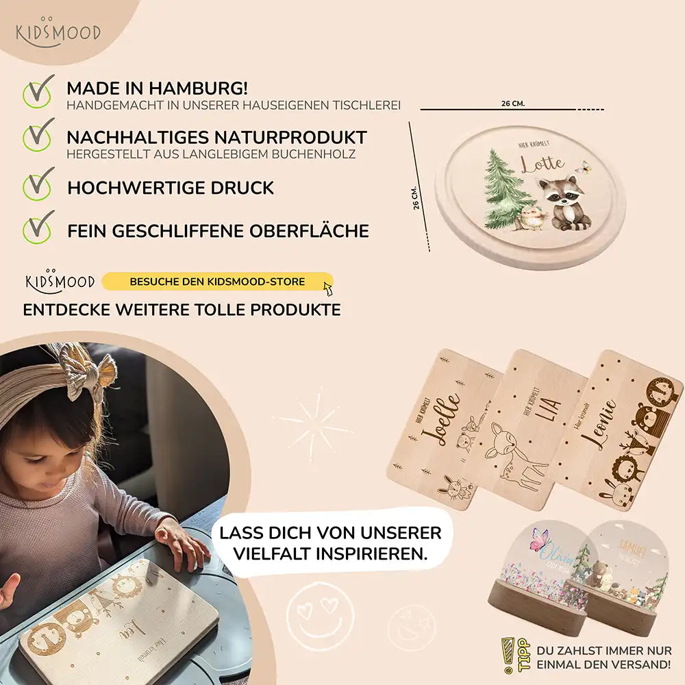 Rundes personalisiertes Frühstücksbrettchen Waschbär und Vogel mit Namen für Kinder