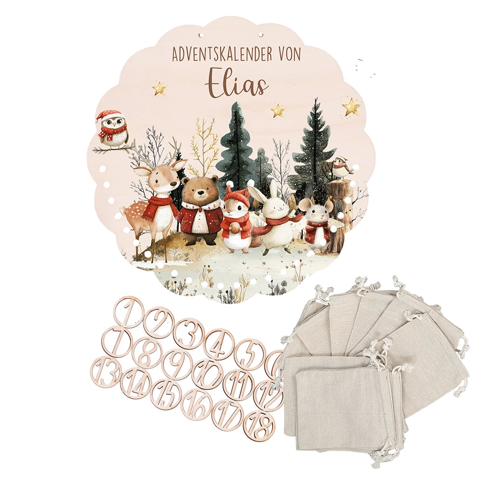 Personalisierter runder Adventskalender Kinder aus Holz  - Weihnachtsdorf