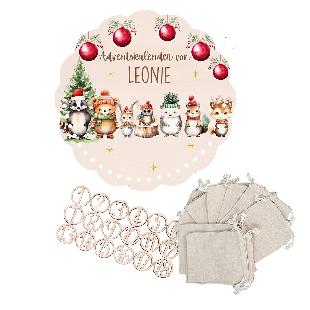 Personalisierter runder Adventskalender Kinder aus Holz  - Kuschelige Winterfreunde