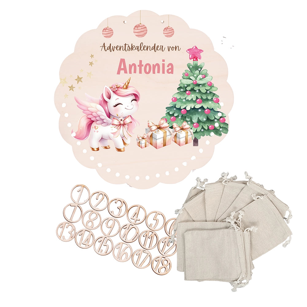 Personalisierter runder Adventskalender Kinder aus Holz  - Baby Einhorn