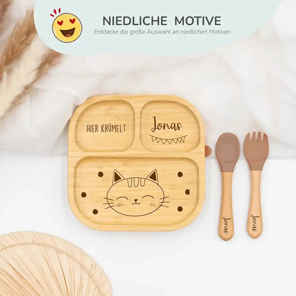 Kinderteller mit Saugnapf personalisiert mit Namen - Katze Motiv