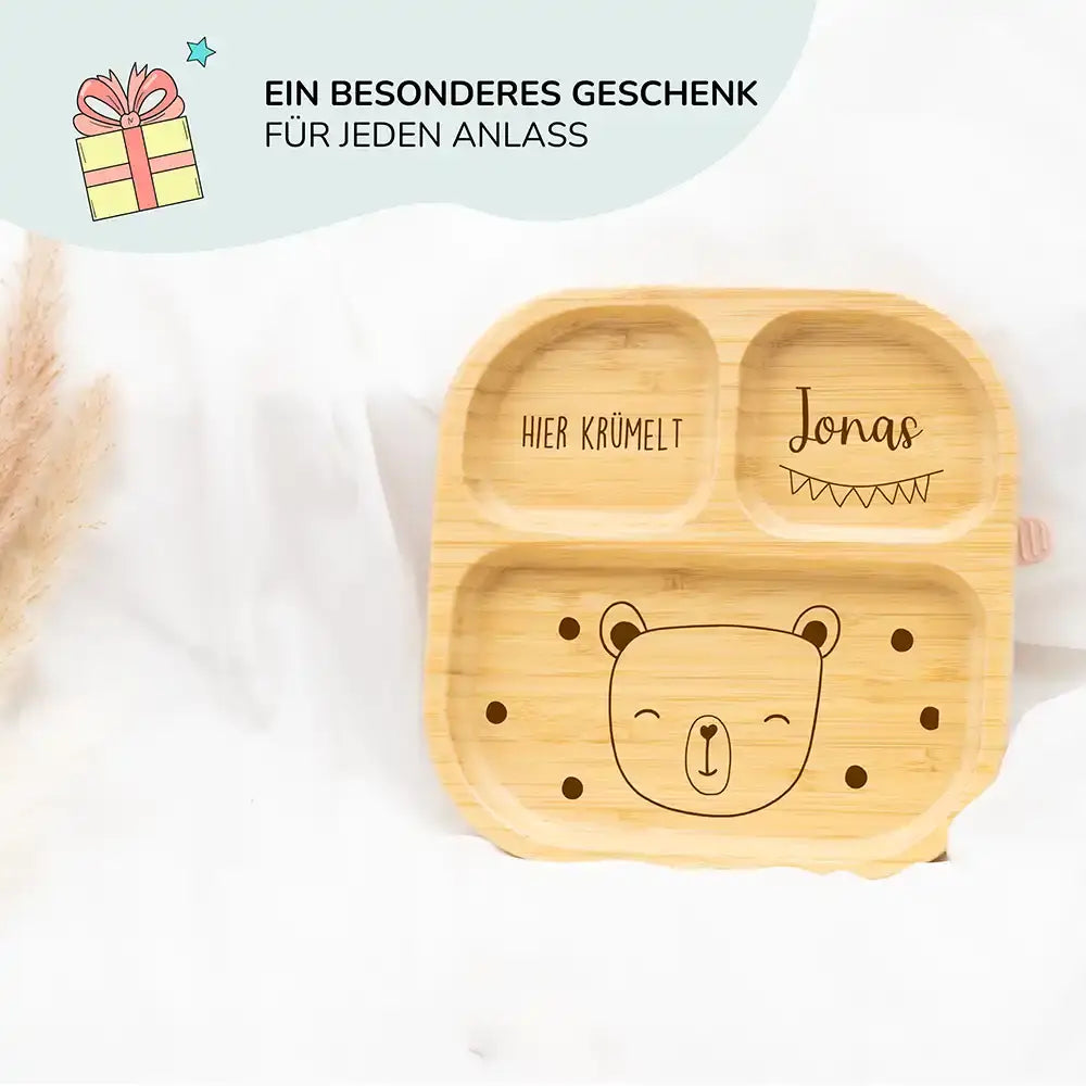Kinderteller mit Saugnapf personalisiert mit Namen - Bär Motiv
