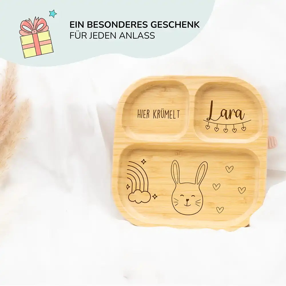 Kinderteller mit Saugnapf personalisiert mit Namen - Hase Regenbogen Motiv