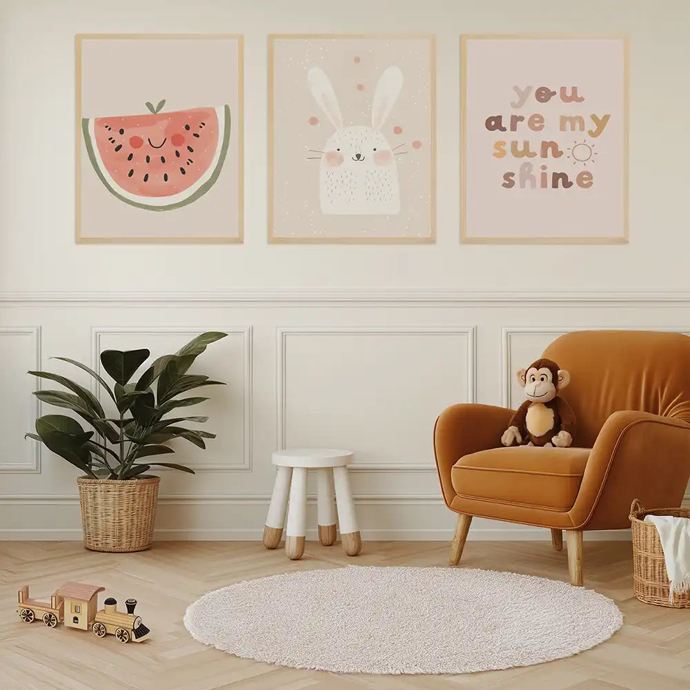 Poster 3er-Set - Wassermelone, Hase & "You are my sunshine" fürs Kinderzimmer