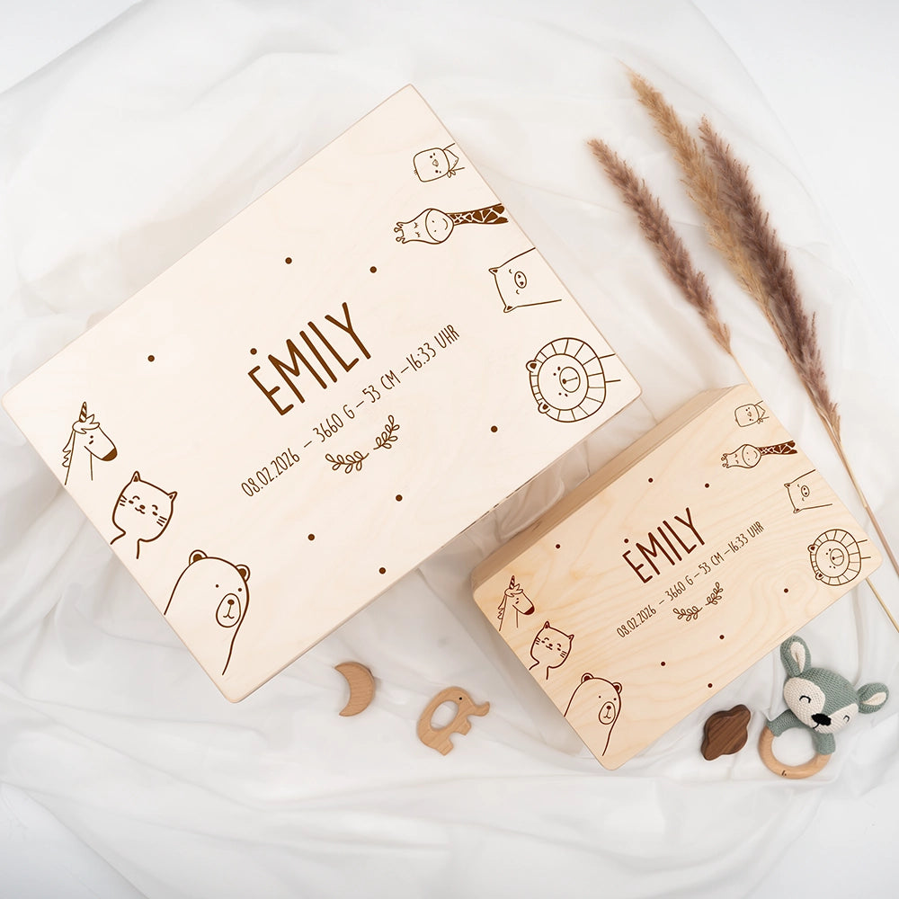 Erinnerungsbox Baby -  fröhliche Tierfamilie