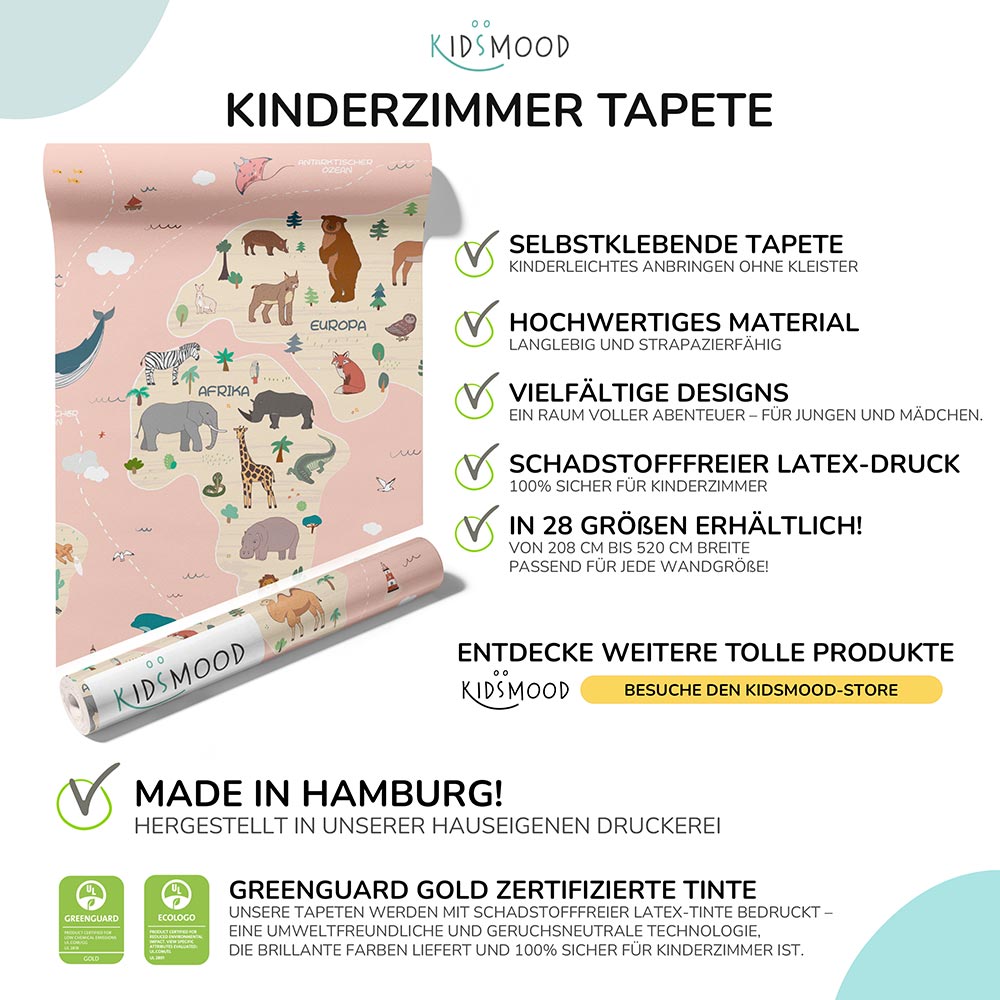 Weltkarten-Tapete im Kinderzimmer – Kontinente und Meere kindgerecht illustriert