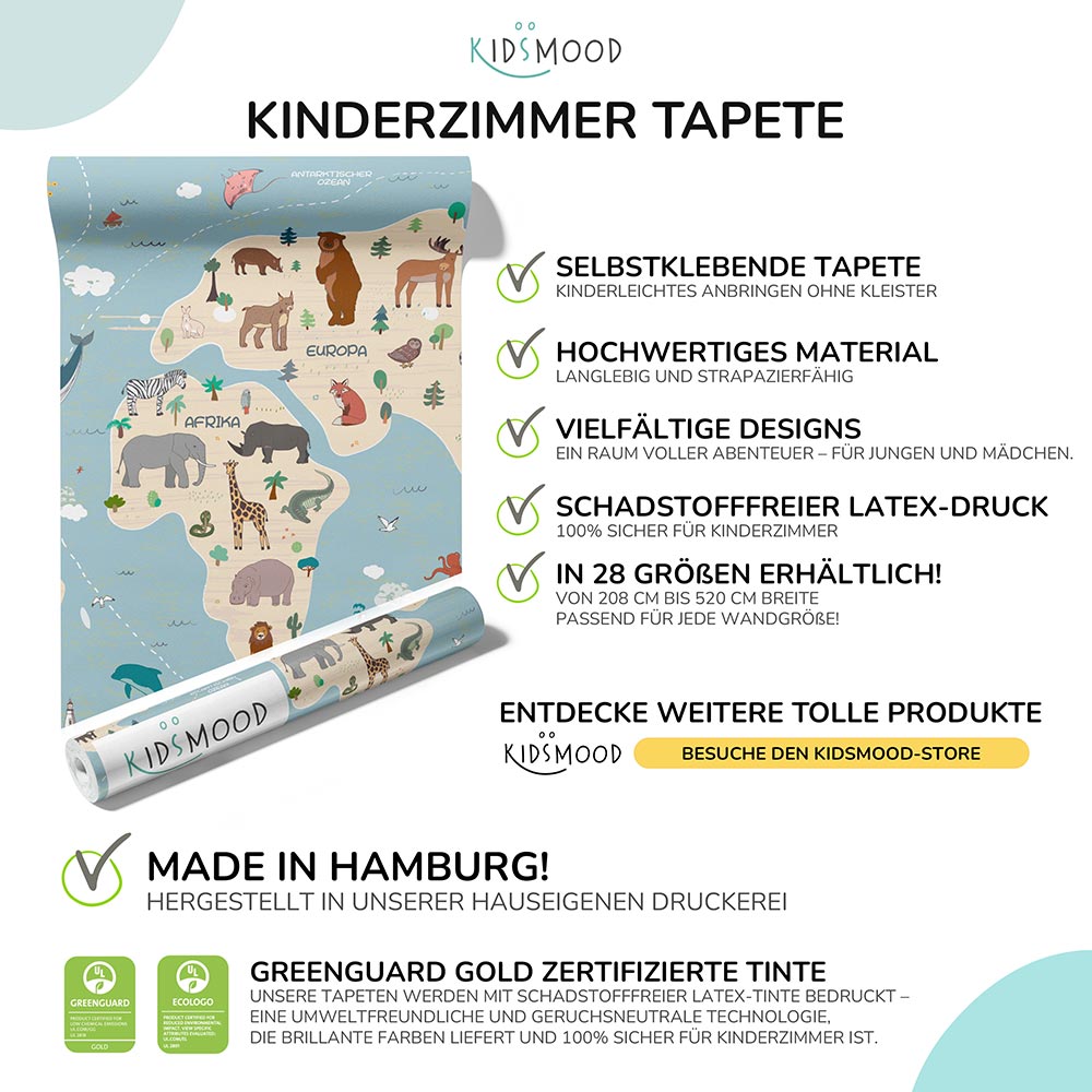 Kinderzimmer-Wandgestaltung mit Weltkarte und Tiermotiven – Vliestapete selbstklebend