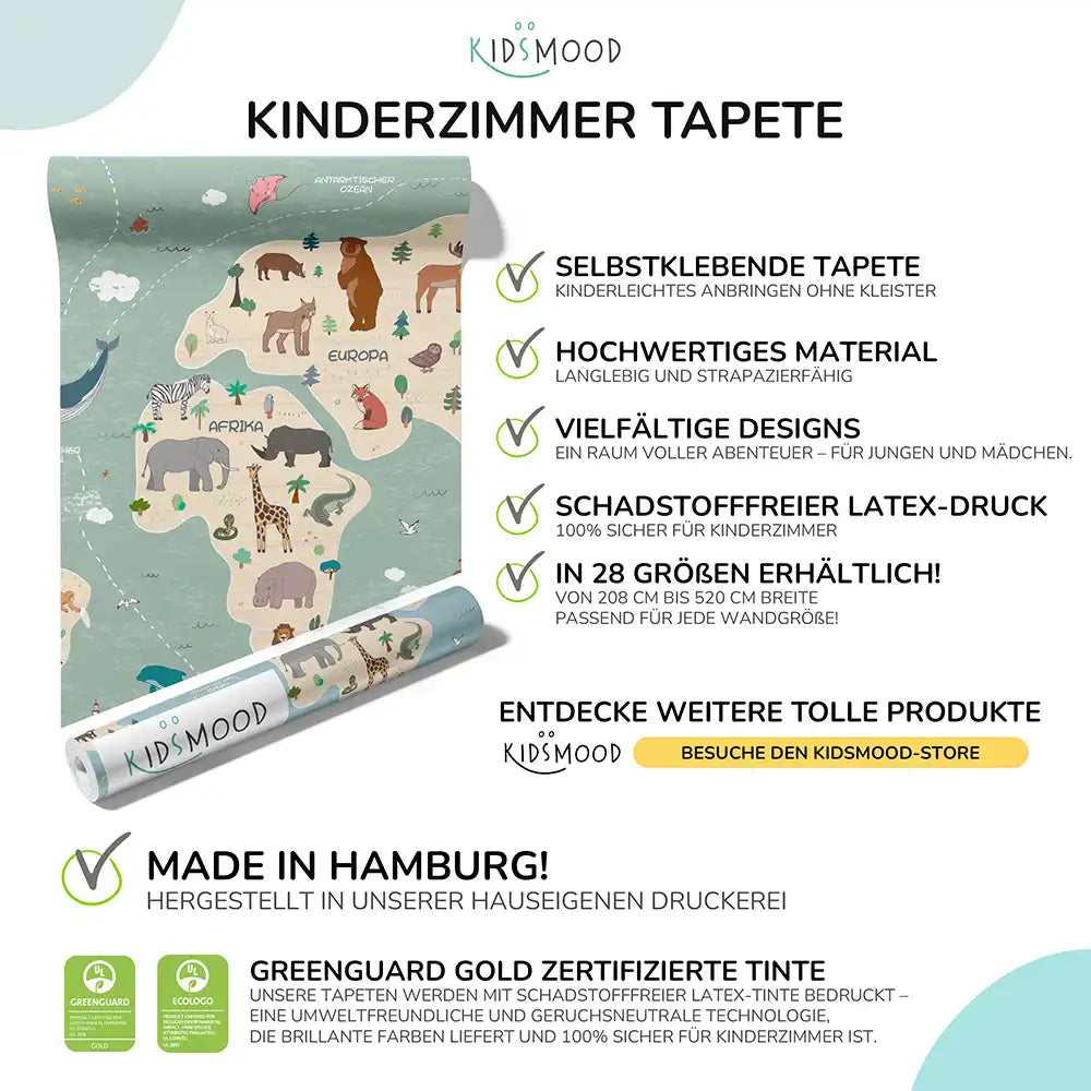 Weltkarte Kinderzimmer Tapete mit Tieren – handgefertigt in Hamburg