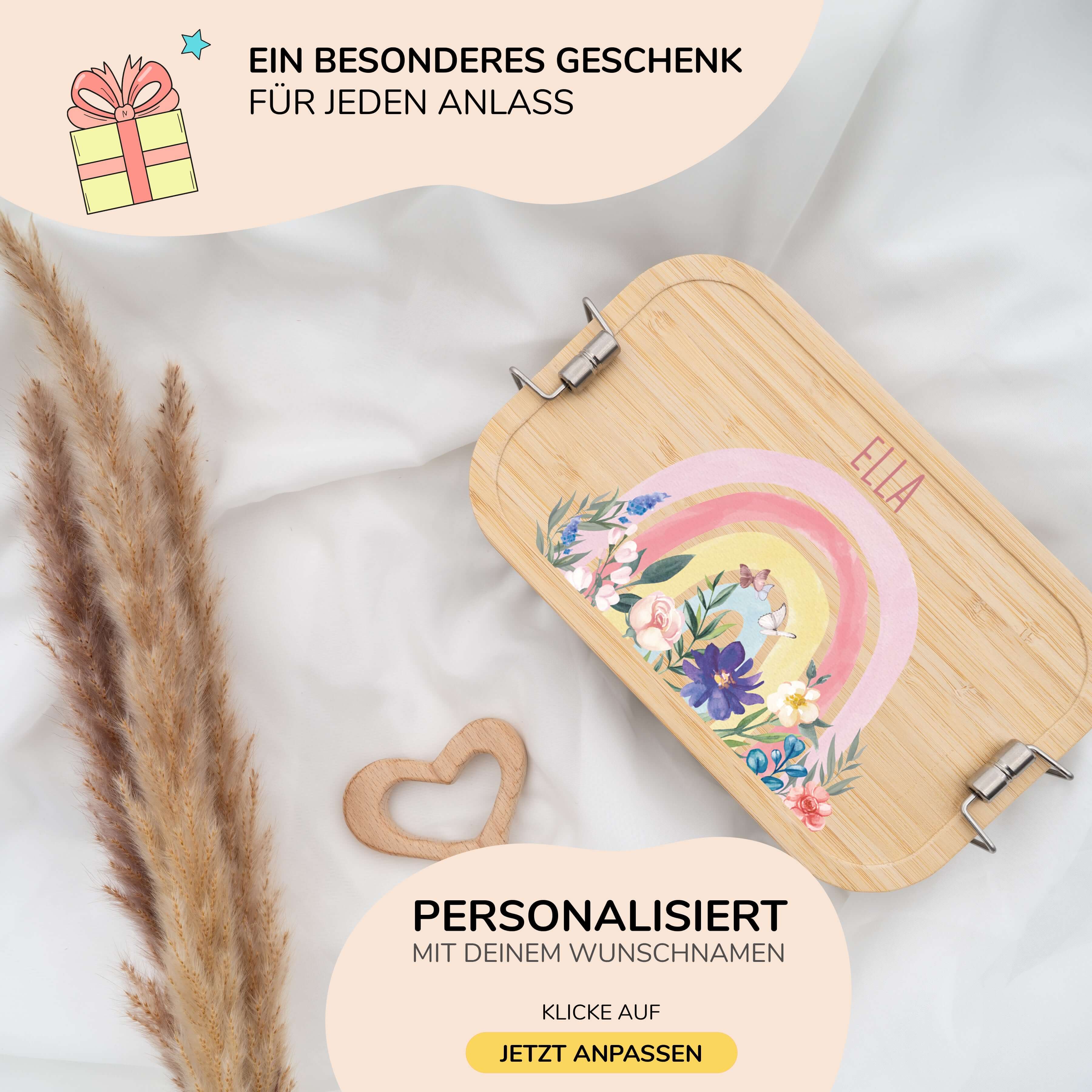 brotdose mit blumen und regenbogen motiv und individuellem namen
