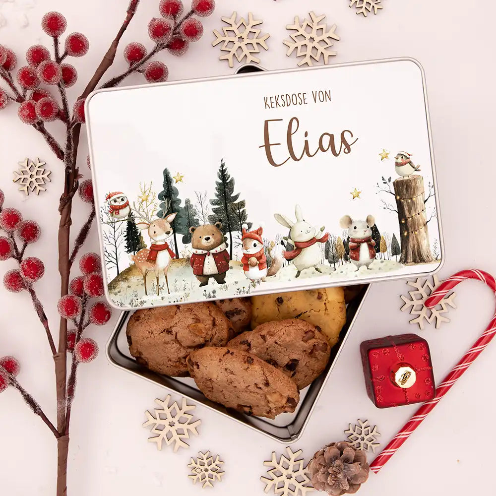 Keksdose aus Metall personalisiert - Weihnachtsfreunde im Schnee