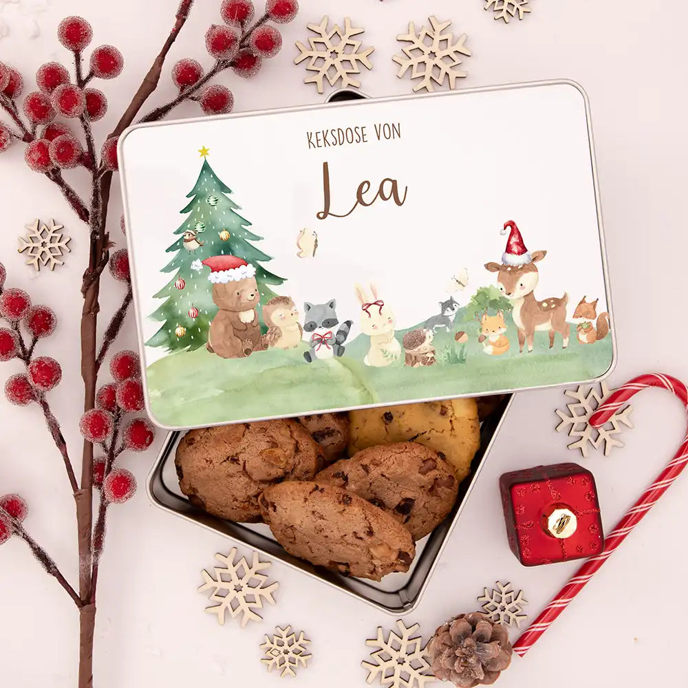 Keksdose aus Metall personalisiert - Kleine Waldbewohner im Weihnachtsglanz