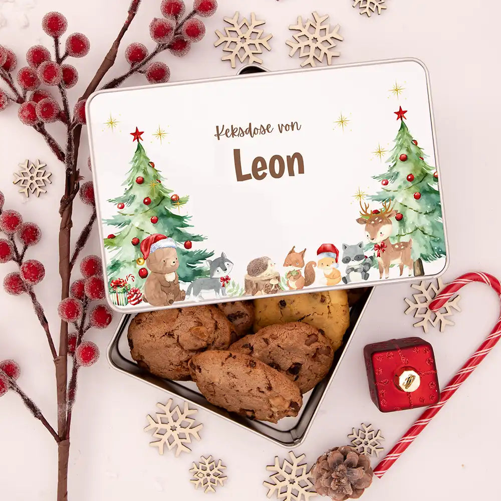 Keksdose aus Metall personalisiert - Weihnachtliche Waldtiere