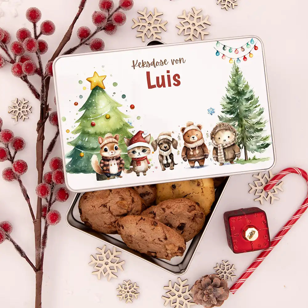 Keksdose aus Metall personalisiert - Winterliche Kuschelbande