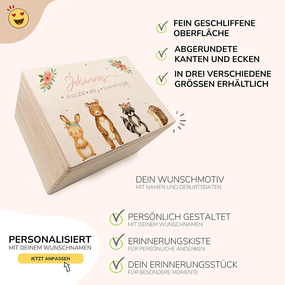 Personalisierte Erinnerungskiste Woodland Tierfamilie