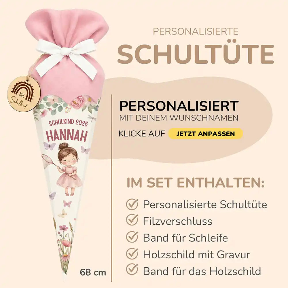 Schultüte personalisiert mit Name Mädchen Schmetterlinge – Produkt-Detail Materialqualität