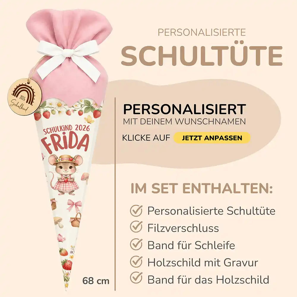Schultüte personalisiert mit Name Maus mit Erdbeere – Produkt-Detail Materialqualität