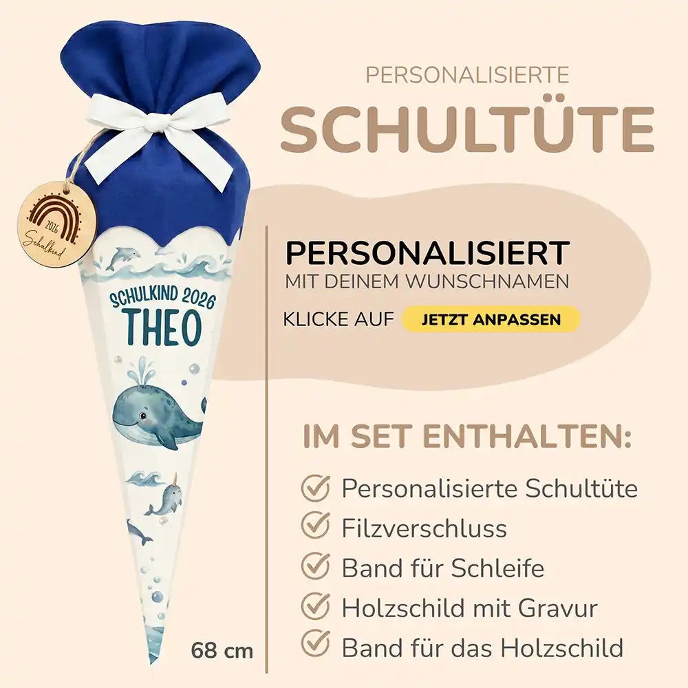 Schultüte personalisiert mit Name Wal & Narwal – Produkt-Detail Materialqualität
