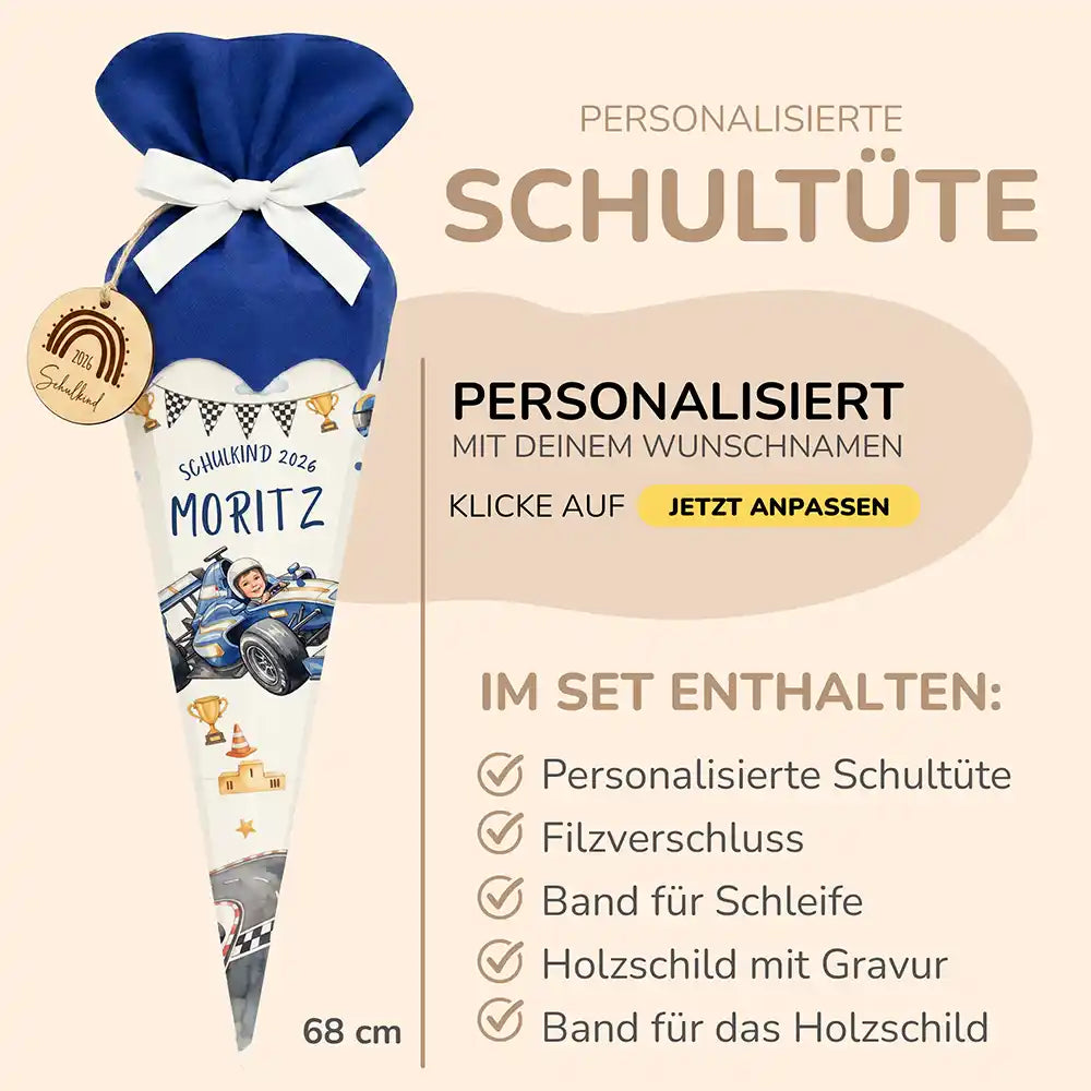Schultüte personalisiert mit Name Rennfahrer – Produkt-Detail Materialqualität