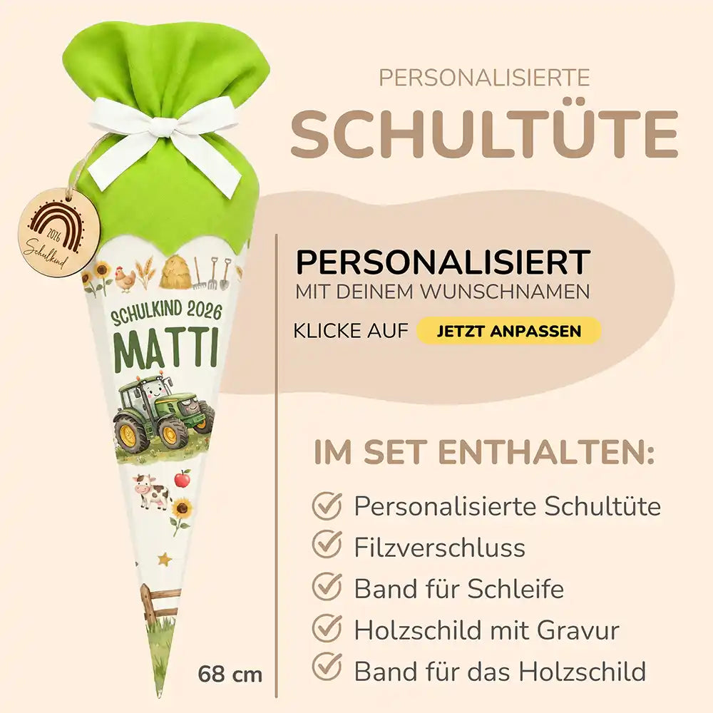Schultüte personalisiert mit Name Traktor Bauernhof – Produkt-Detail Materialqualität