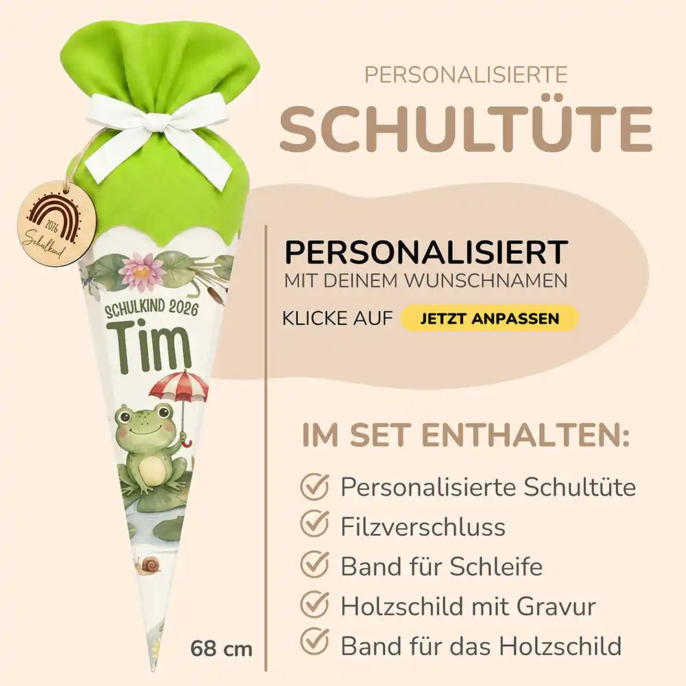 Schultüte personalisiert mit Name Frosch mit Schirm – Produkt-Detail Materialqualität