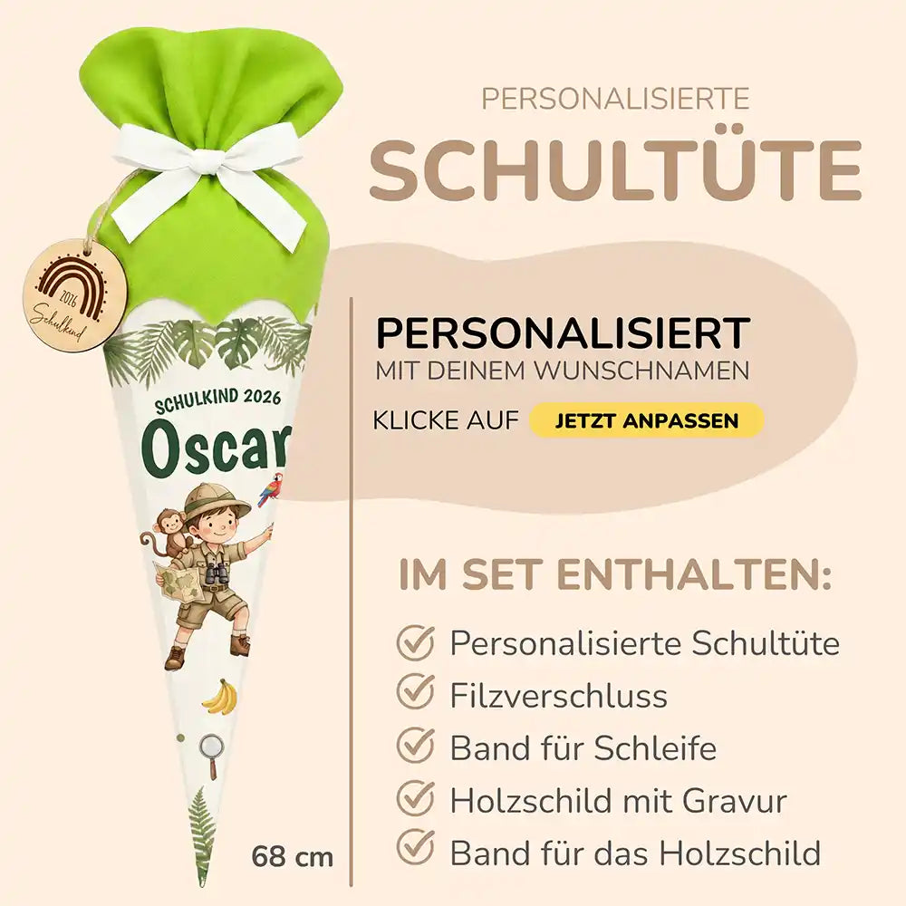 Schultüte personalisiert mit Name Dschungel-Forscher – Produkt-Detail Materialqualität