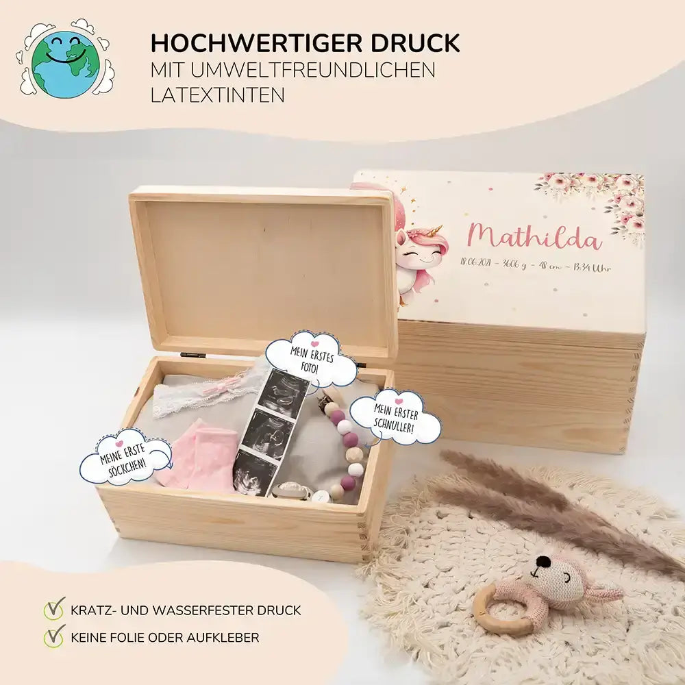 Personalisierte Erinnerungsbox für Baby mit Einhornmotiven - ideales Geschenk zur Geburt oder Taufe