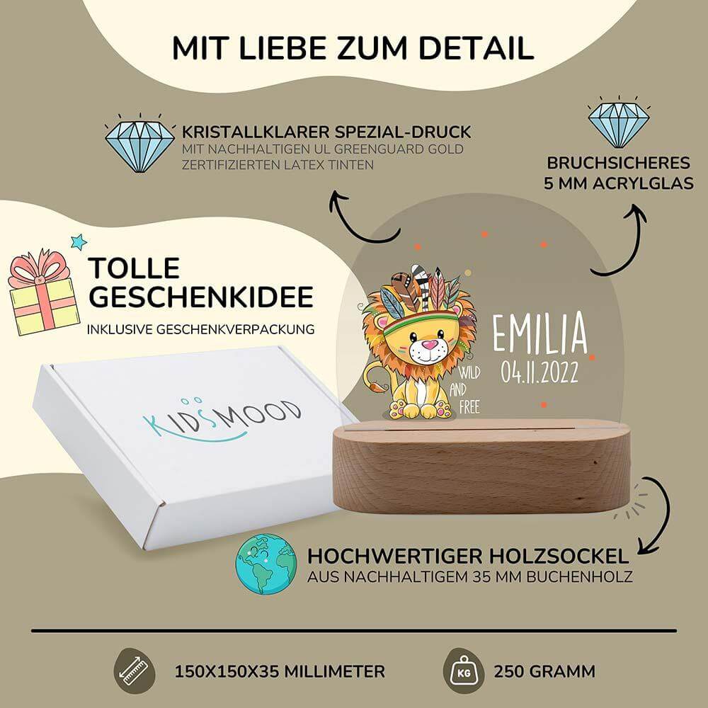 high-quality personalized night lamp with lion and feathers