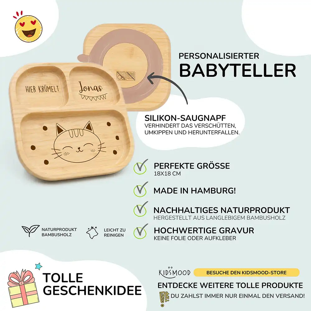 Kinderteller mit Saugnapf personalisiert mit Namen - Katze Motiv