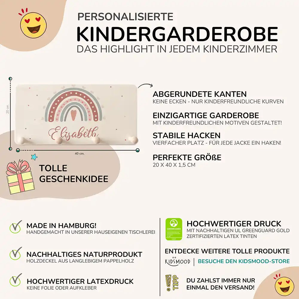 detailansicht der gravierten regenbogen motive auf der holzgarderobe