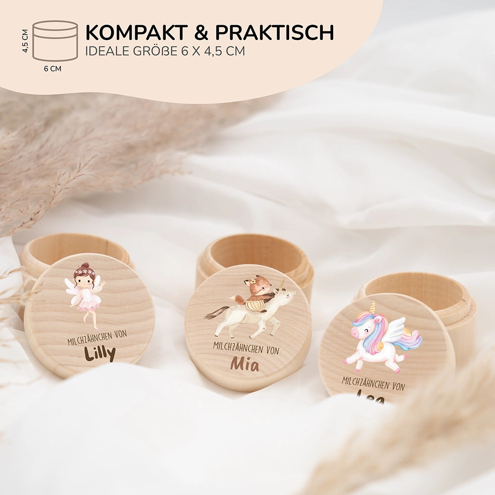 Zahndose Milchzähne personalisiert - Holz Zahnbox mit Wunschnamen - Fuchs auf Einhorn