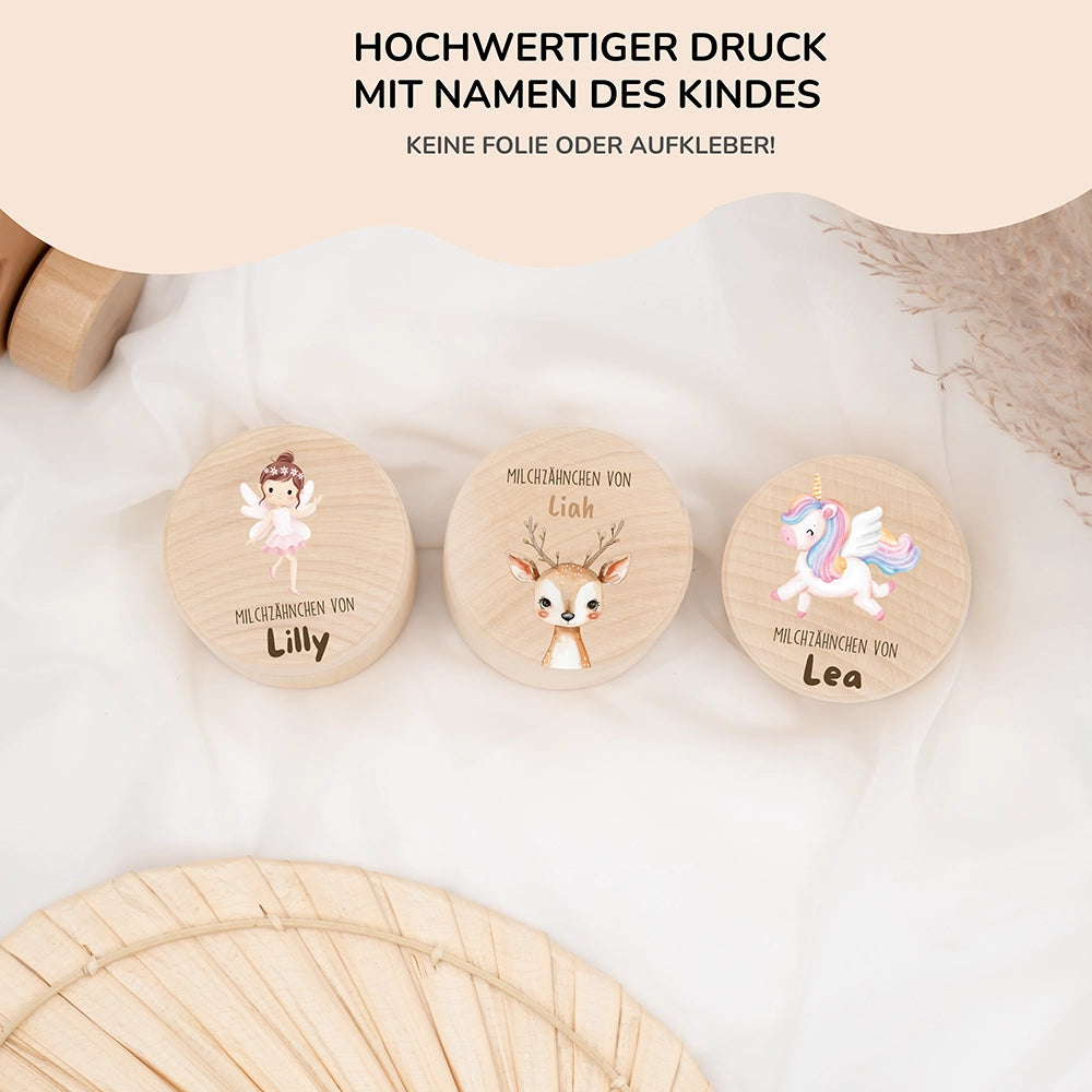 Zahndose Milchzähne personalisiert - Holz Zahnbox mit Wunschnamen - Baby Reh Motiv
