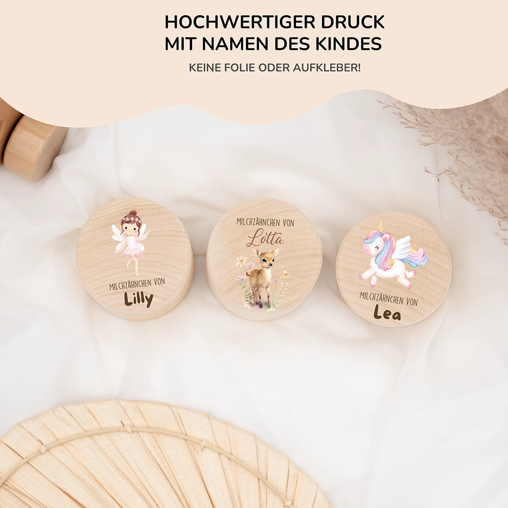 Zahndose Milchzähne personalisiert - Holz Zahnbox mit Wunschnamen - Reh Motiv