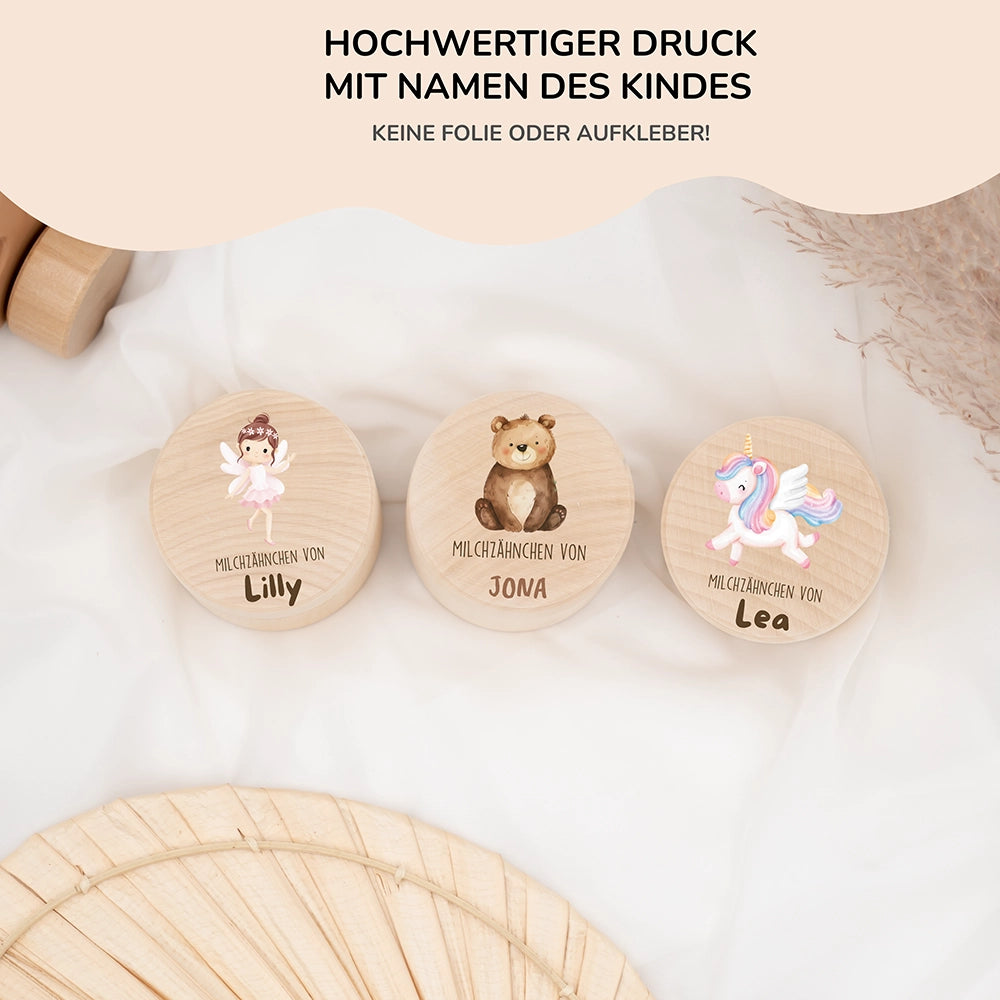 Zahndose Milchzähne personalisiert - Holz Zahnbox mit Wunschnamen - Bär Motiv
