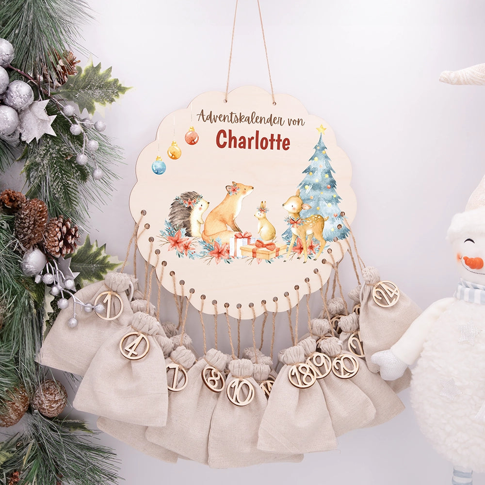 Personalisierter runder Adventskalender Kinder aus Holz  - Winterwaldtiere