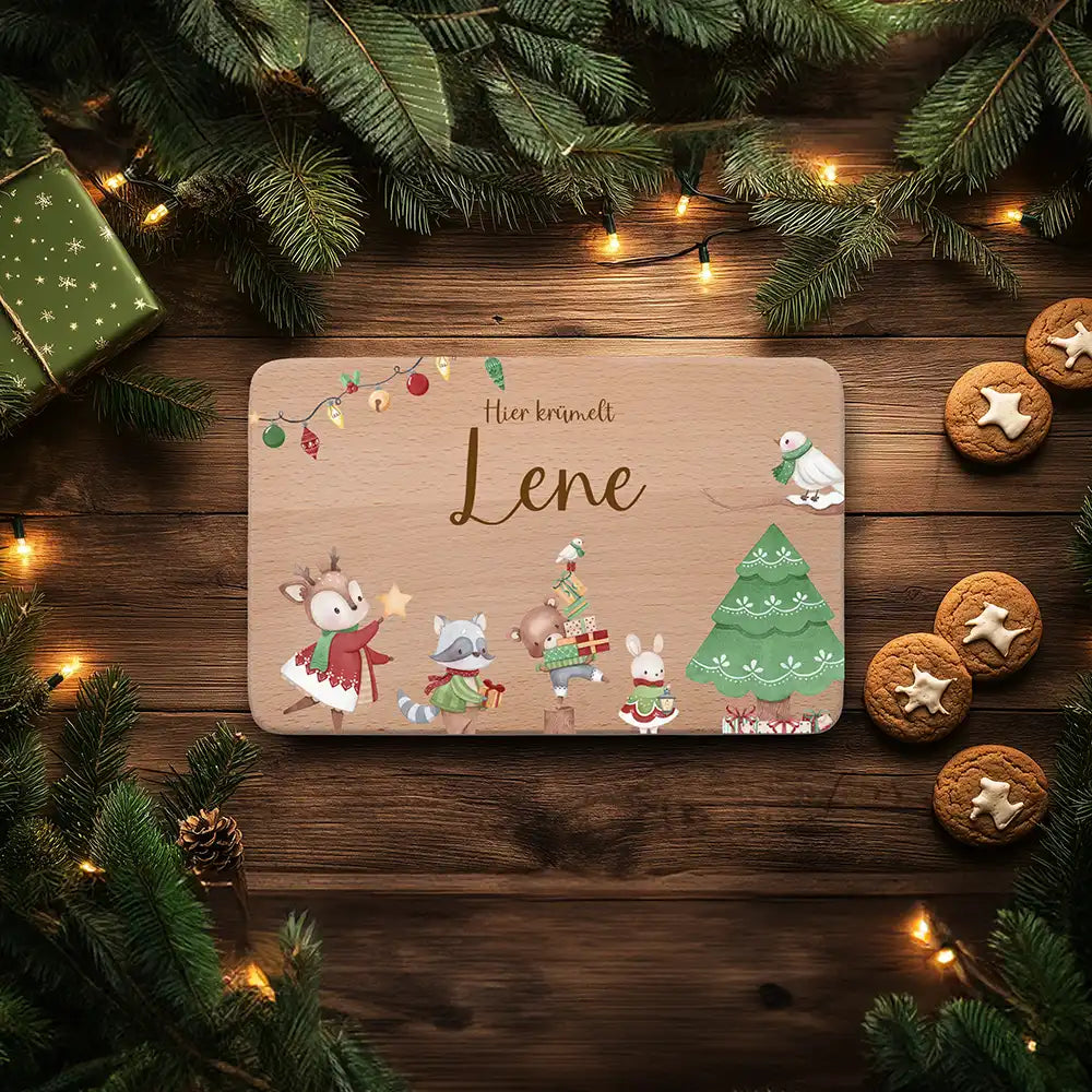 Weihnachts-Set Frühstücksbrettchen + Emaille Tasse - Tanzende Tiere