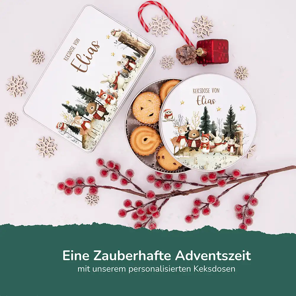 Keksdose aus Metall personalisiert - Weihnachtsfreunde im Schnee