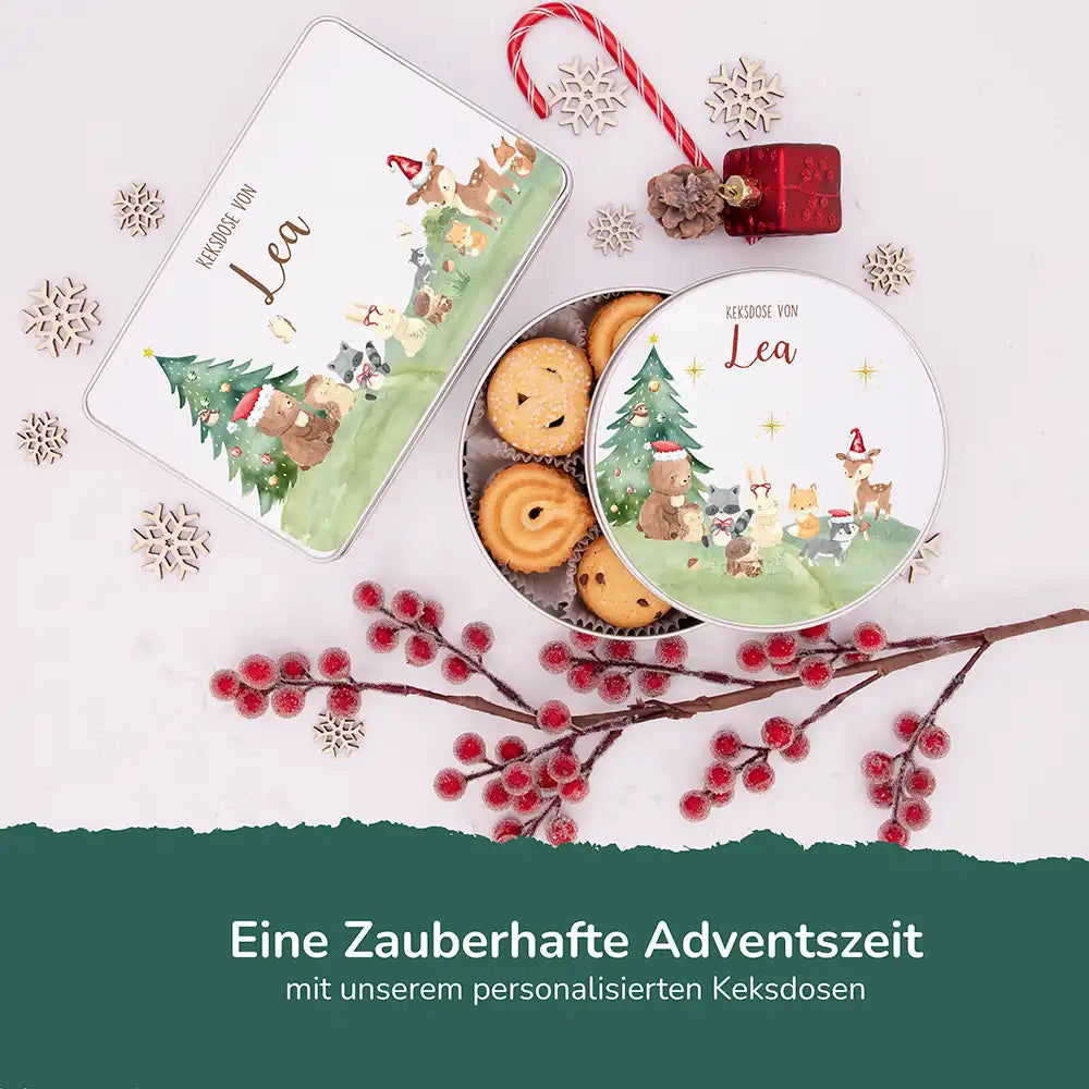 Keksdose aus Metall personalisiert - Kleine Waldbewohner im Weihnachtsglanz
