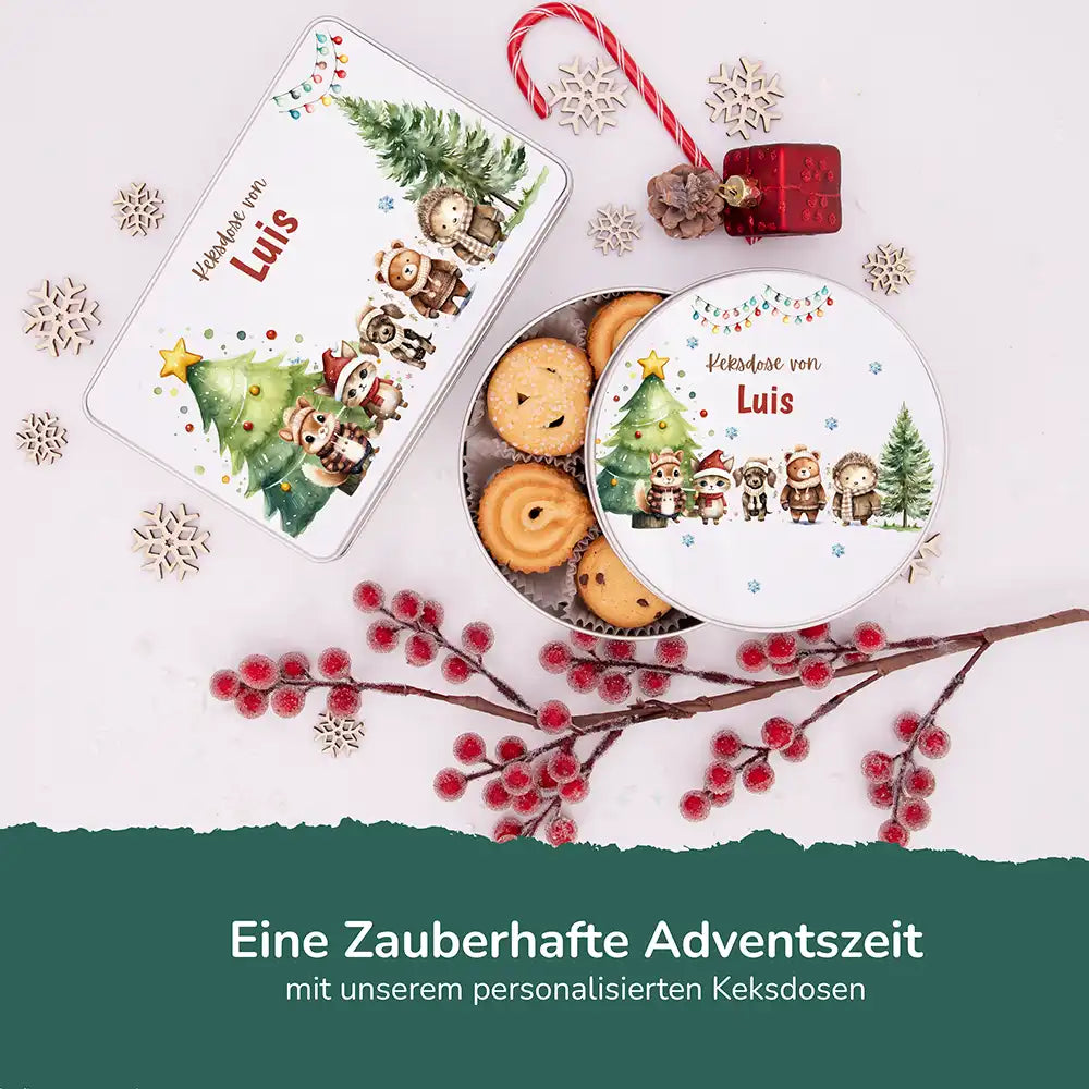 Keksdose aus Metall personalisiert - Winterliche Kuschelbande
