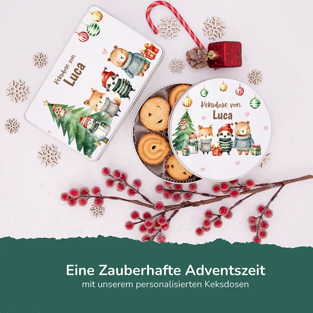 Keksdose aus Metall personalisiert - Zauberhafte Wintertiere