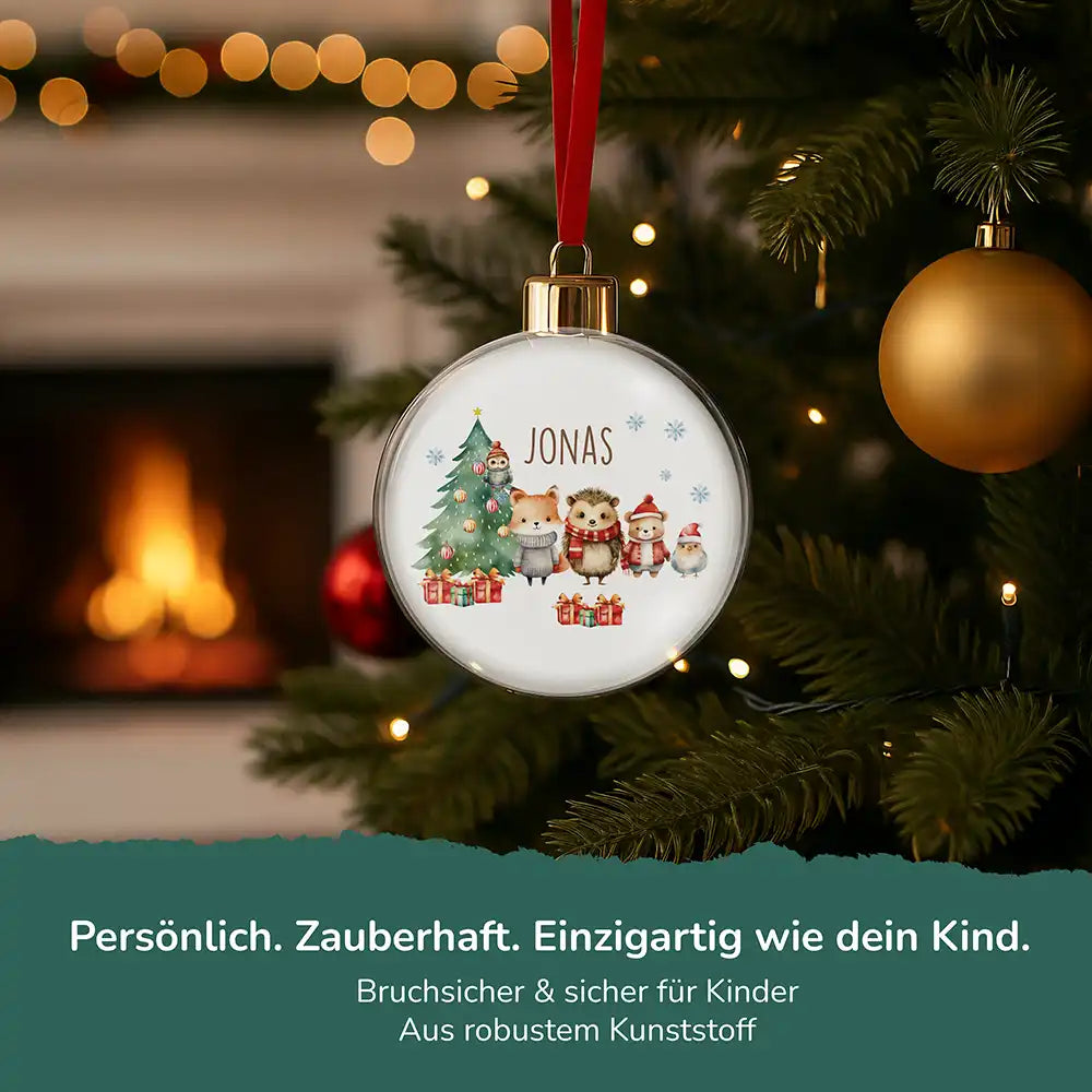 Weihnachtskugel personalisiert mit Namen - Tiere im Wald