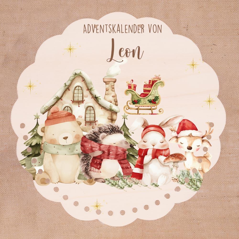 Personalisierter runder Adventskalender Kinder aus Holz  - Waldtiere im Winterzauber