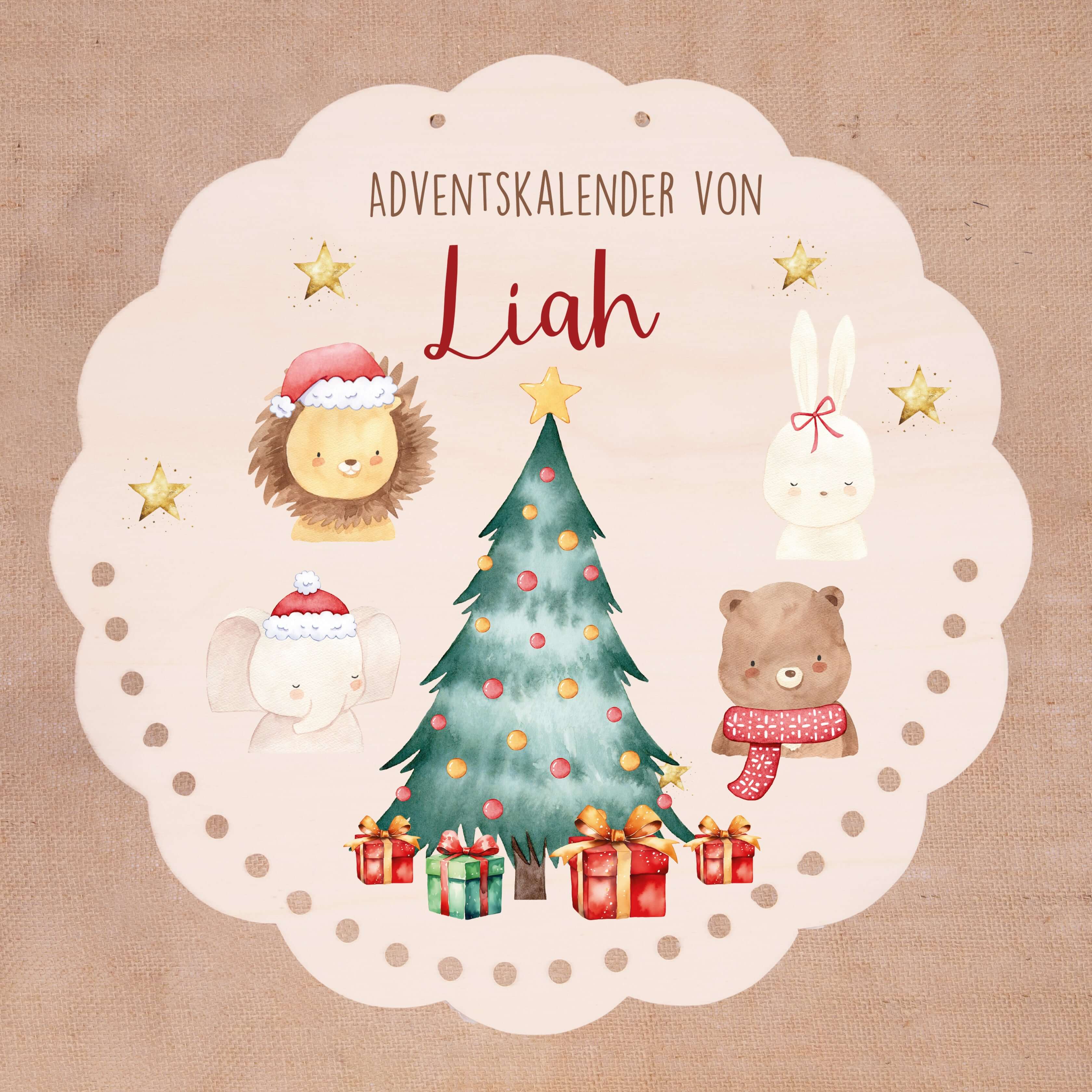Personalisierter runder Adventskalender Kinder aus Holz  - Weihnachtliche Tierwelt