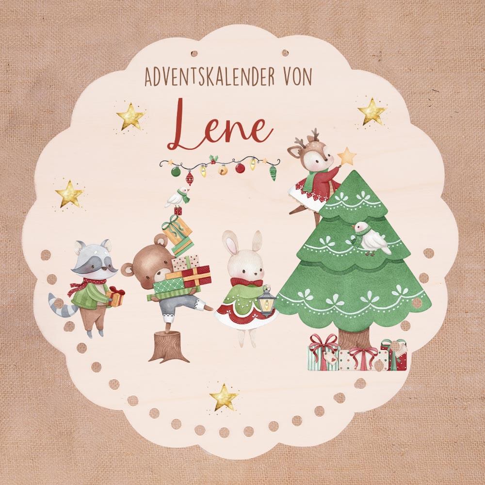 Personalisierter runder Adventskalender Kinder aus Holz  - Festliche Waldszene