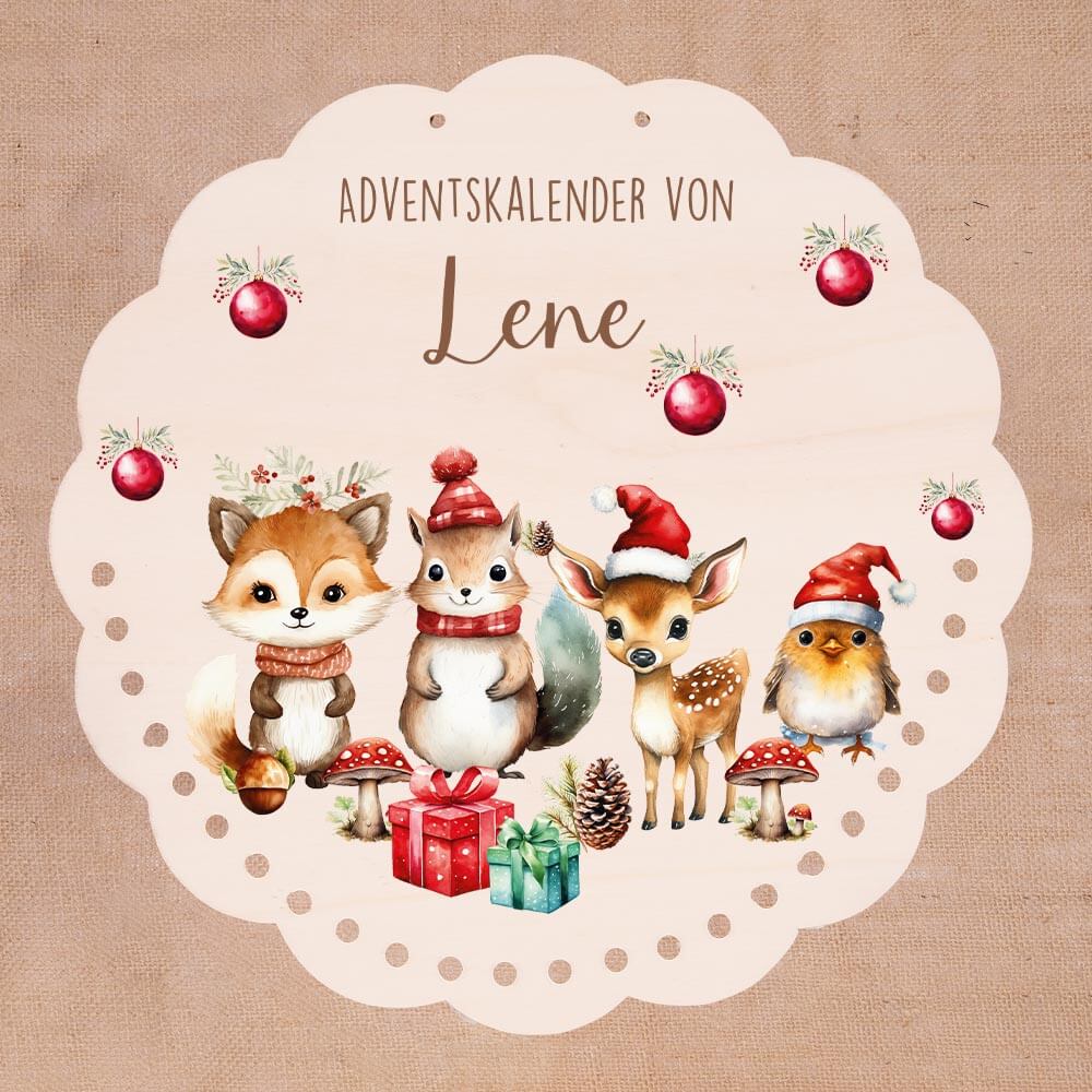 Personalisierter runder Adventskalender Kinder aus Holz  - Tierische Weihnachtsfeier