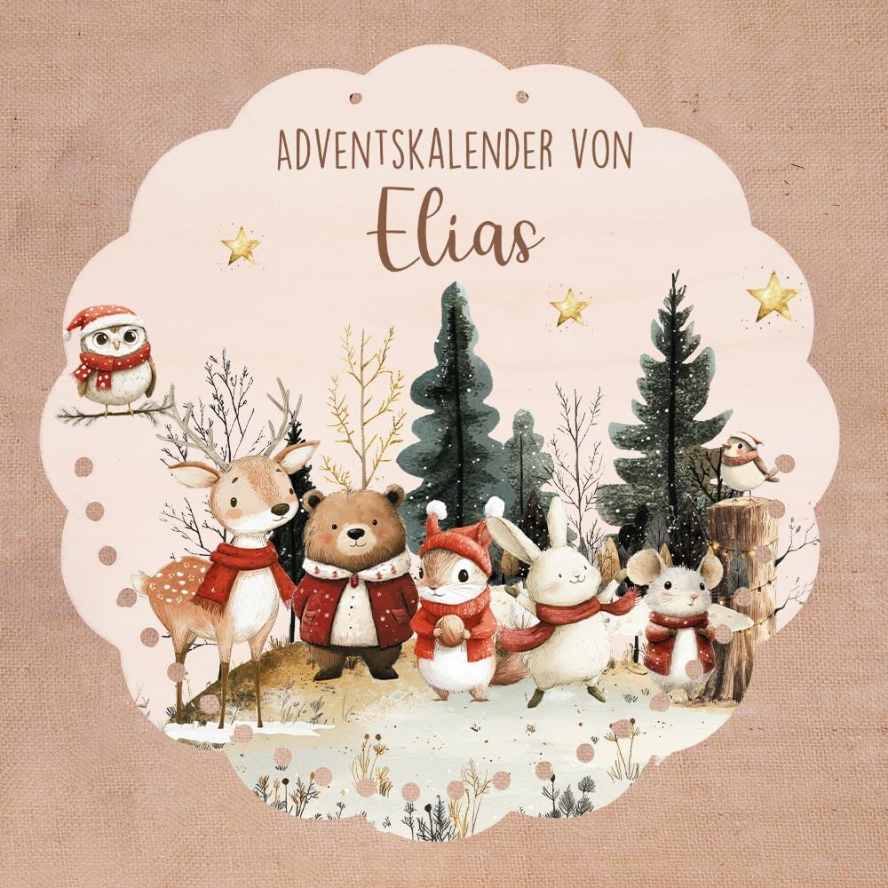 Personalisierter runder Adventskalender Kinder aus Holz  - Weihnachtsdorf