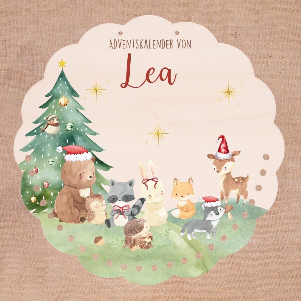 Personalisierter runder Adventskalender Kinder aus Holz  - Niedliche Waldfreunde