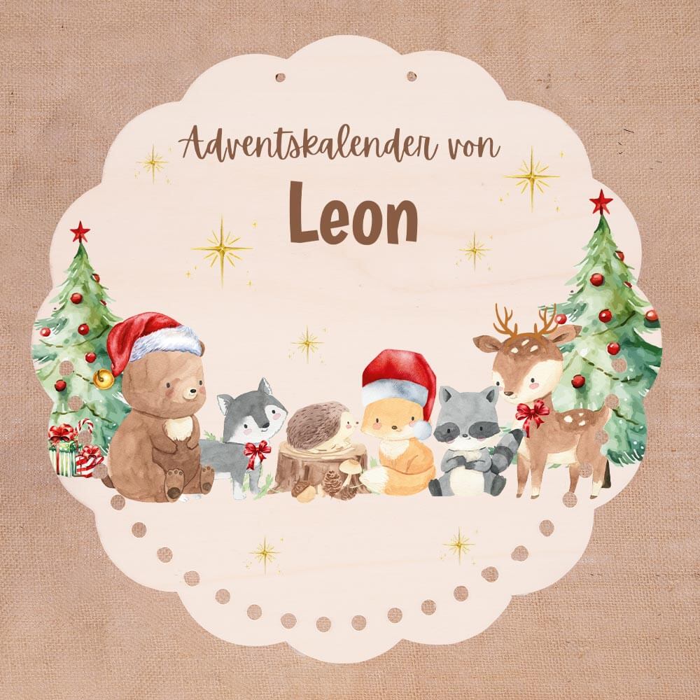 Personalisierter runder Adventskalender Kinder aus Holz  - Winterwunderland