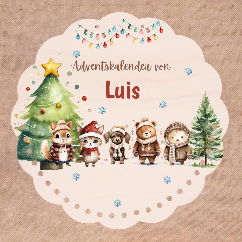 Personalisierter runder Adventskalender Kinder aus Holz  - Winterwaldtiere